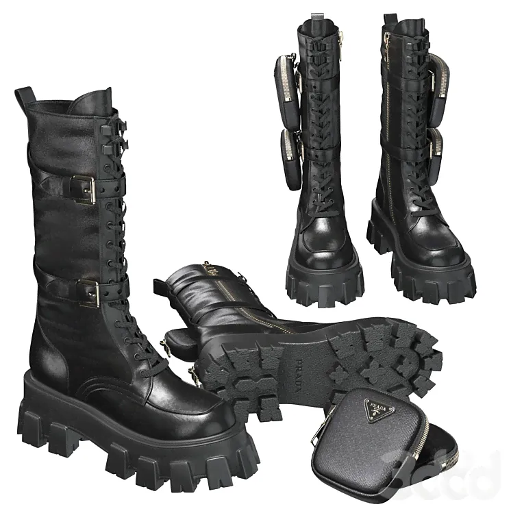 PRADA Brushed rois leather and nylon Monolith boots - Обувь - 3D модель-4