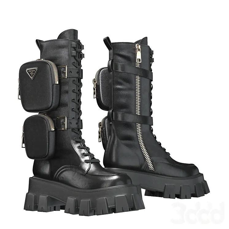 PRADA Brushed rois leather and nylon Monolith boots - Обувь - 3D модель-1